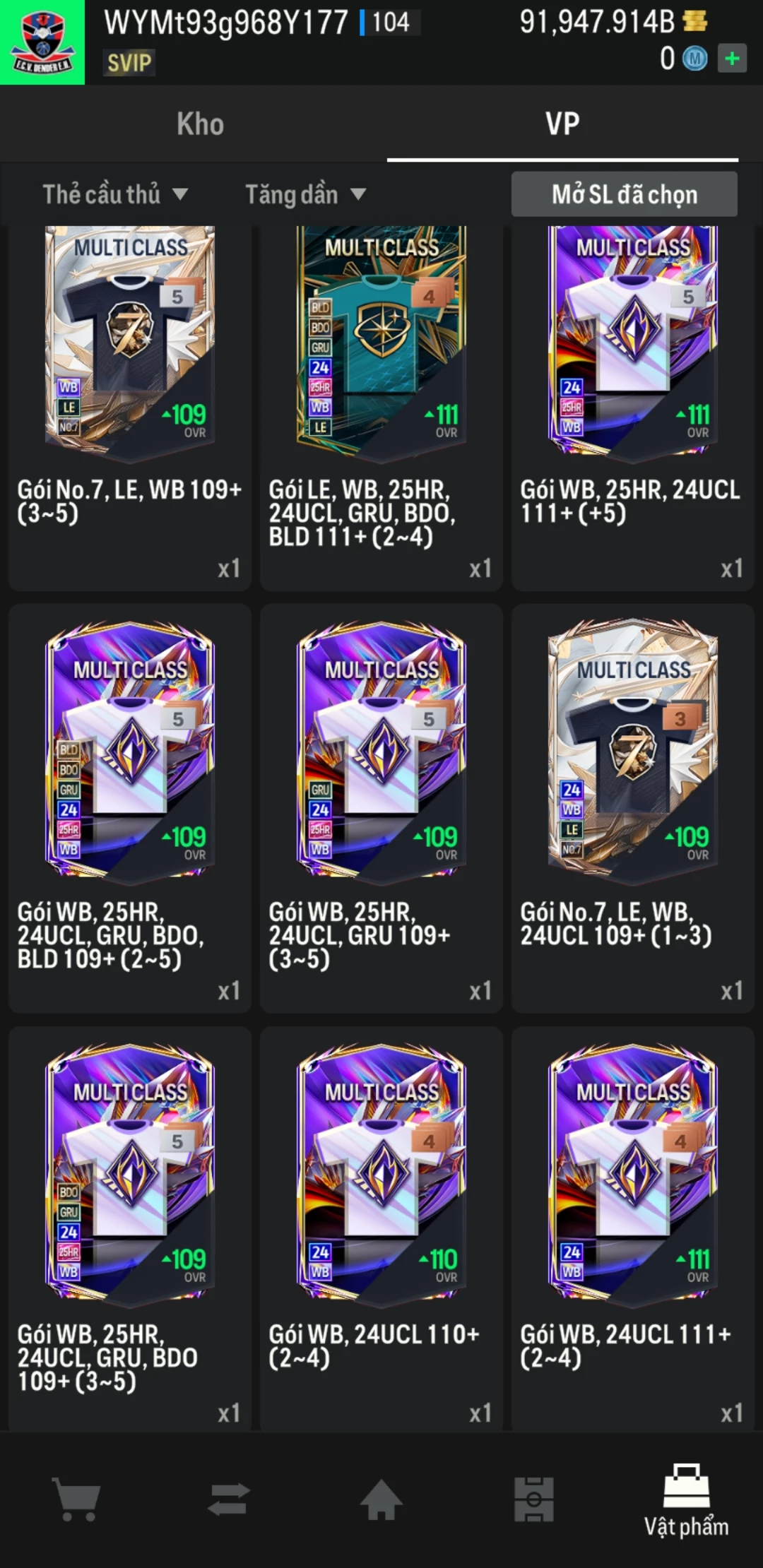 Ảnh ACC mở thẻ (LOẠI SUPER VIP) bao gồm có hơn 900+ đến 1100+ thẻ cầu thủ từ Siêu sao đến Miền núi các loại (ngẫu nhiên có: 01 thẻ +12 và 03 thẻ PRIME QH, XS, CP...) Acc có sẵn BP trắng từ 80.000 tỷ BP đến 120.000 tỷ BP kèm theo nhiều ngày SVIP